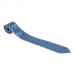 Pre Owned Ermenegildo Zegna Light Blue & Navy Blue Textured Striped Silk Tie