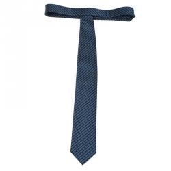 Pre Owned ربطة عنق ايرمنيجيلدو زينيا حرير أزرق داكن وأسود مخططة منقوشة