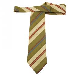 Pre Owned Ermenegildo Zegna Green, Brown and White Striped Silk Tie