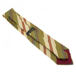 Pre Owned Ermenegildo Zegna Green, Brown and White Striped Silk Tie