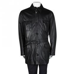 Pre Owned Ermenegildo Zegna Black Lambskin Leather Belted Jacket and Vest Set 6XL