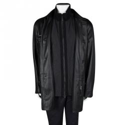 Pre Owned Ermenegildo Zegna Black Lambskin Leather Belted Jacket and Vest Set 6XL