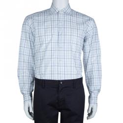 Pre Owned قميص ايرمنيجيلدو زينيا قطن كاروهات أبيض وأزرق بأكمام طويلة وأزرار أمامية XL