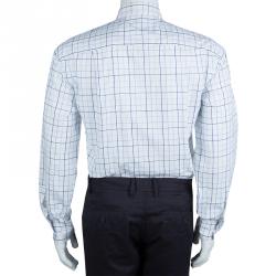 Pre Owned قميص ايرمنيجيلدو زينيا قطن كاروهات أبيض وأزرق بأكمام طويلة وأزرار أمامية XL