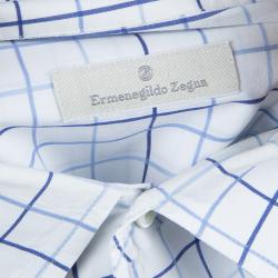 Pre Owned قميص ايرمنيجيلدو زينيا قطن كاروهات أبيض وأزرق بأكمام طويلة وأزرار أمامية XL