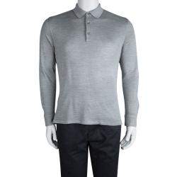 Pre Owned تي شيرت بولو ايرمنيجيلدو زينيا حرير رصاصي تريكو أكمام طويلة L