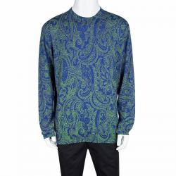 Pre Owned Etro Blue Wool Contrast Print Crew Neck Sweater 2XL