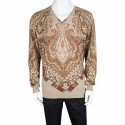 Pre Owned Etro Beige Paisley Print V-Neck Sweater XL