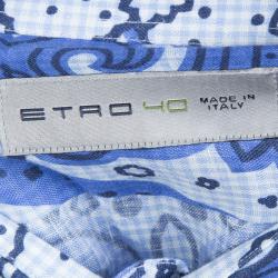 Pre Owned قميص إيترو كم طويل أزرار أمامية بنقوش أزهار كتان أزرق M