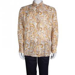 Pre Owned قميص إيترو كتان برتقالي مطبوع بيزلي بأكمام طويلة وأزرار أمامية XL