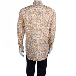 Pre Owned قميص إيترو كتان برتقالي مطبوع بيزلي بأكمام طويلة وأزرار أمامية XL