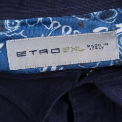 مملوكة مسبقًا قميص إيترو حرير أزرق مطبوع وقماش مضلع بأزرار أمامية 2XL