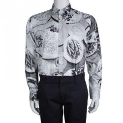 Pre Owned Etro Monochrome Fish Plate Print  Long Sleeve Button Front Cotton Shirt L