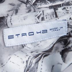 Pre Owned Etro Monochrome Fish Plate Print  Long Sleeve Button Front Cotton Shirt L