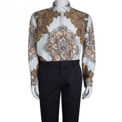 مملوكة مسبقًا Etro Brown and White Printed Long Sleeve Buttondown Cotton Shirt XL