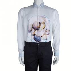 Pre Owned قميص إيترو أزرار أمامية تطريز بنقوش أصداف وياقة بلون مغاير قطن أبيض L