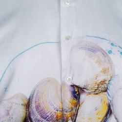 Pre Owned قميص إيترو أزرار أمامية تطريز بنقوش أصداف وياقة بلون مغاير قطن أبيض L