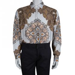 Pre Owned قميص إيترو  بأزرار أمامية وأكمام طويلة قطن نقش أبيض وبني XXL