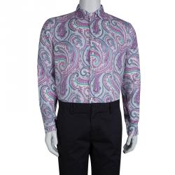 Pre Owned قميص ايترو بأزرار أمامية وأكمام طويلة كتان نقوش بايزلي أبيض L