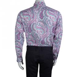 Pre Owned قميص ايترو بأزرار أمامية وأكمام طويلة كتان نقوش بايزلي أبيض L