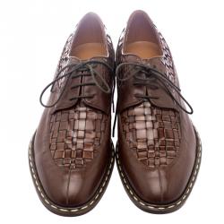 Pre Owned Etro Brown Leather Woven Detail Oxfords Size 41