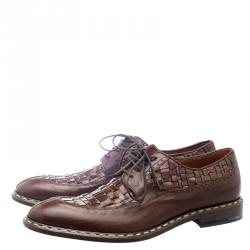 Pre Owned Etro Brown Leather Woven Detail Oxfords Size 41