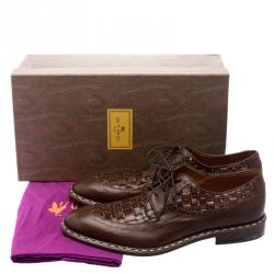 Pre Owned Etro Brown Leather Woven Detail Oxfords Size 41
