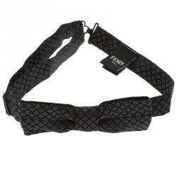 Fendi Black Zucca Print Silk Pleated Narrow Bow Tie