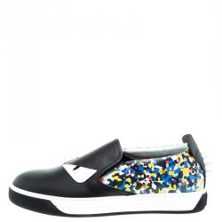 Pre Owned Fendi Black Studded Printed Leather Monster Slip On Sneakers Size 42