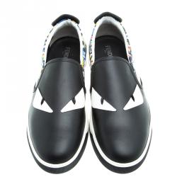 Pre Owned Fendi Black Studded Printed Leather Monster Slip On Sneakers Size 42