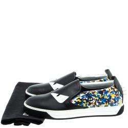 Pre Owned Fendi Black Studded Printed Leather Monster Slip On Sneakers Size 42