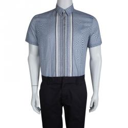 Fendi Blue and White Optical Illusion Print Short Sleeve Shirt L