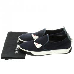 Fendi Navy Blue Suede Monster Slip On Sneakers Size 42