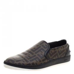 Fendi Brown Zucca Coated Canvas Slip On Sneakers Size 45
