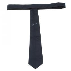 Pre Owned Giorgio Armani Navy Blue Signature Logo Detail Silk Tie