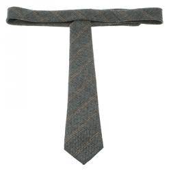 Pre Owned Giorgio Armani Grey Herringbone Weave Diagonal Striped Wool Tie