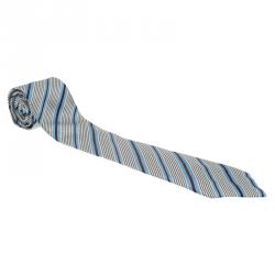 Pre Owned Giorgio Armani Grey and Blue Striped Silk Tie
