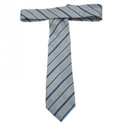 Pre Owned Giorgio Armani Grey and Blue Striped Silk Tie