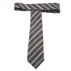 Pre Owned Giorgio Armani Black and Beige Striped Silk Tie