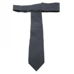 Pre Owned Giorgio Armani Grey and Blue Check Print Silk Tie