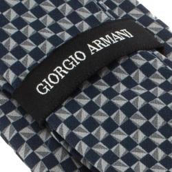 Pre Owned Giorgio Armani Grey and Blue Check Print Silk Tie