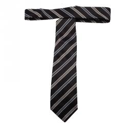 Pre Owned Giorgio Armani Black and White Striped Textured Silk Tie
