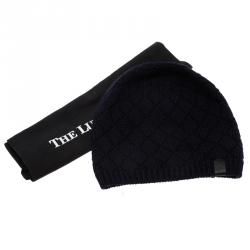 Giorgio Armani Navy Blue Diamond Knit Wool Beanie Size L