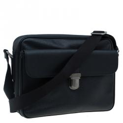Giorgio Armani Black Saffiano and Perforated Leather Messenger Bag