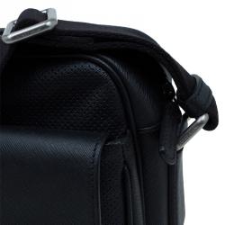 Giorgio Armani Black Saffiano and Perforated Leather Messenger Bag