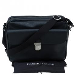 Giorgio Armani Black Saffiano and Perforated Leather Messenger Bag