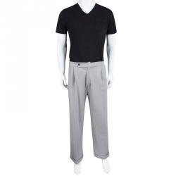 Pre Owned Giorgio Armani Grey Textured Wool Loose Fit Trousers XXL