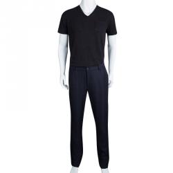 Pre Owned Giorgio Armani Navy Blue Elasticized Waist Linen Trousers XXL