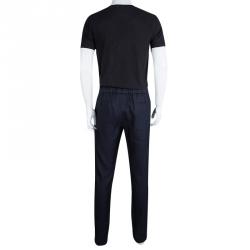 Pre Owned Giorgio Armani Navy Blue Elasticized Waist Linen Trousers XXL