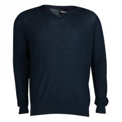 Giorgio Armani Navy Blue Jaquard Knit V-Neck Sweater XL
